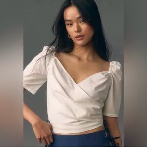 Anthropologie White Puff Sleeve Wrap Top